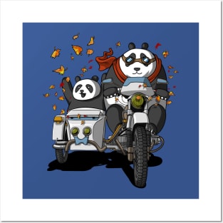 Panda Bears Riding Motorcycle Funny Cartoon Race Posters and Art